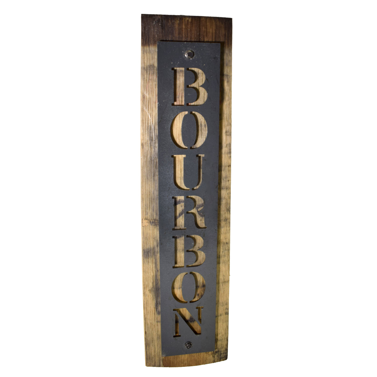 Barrel Sign Post Reclaimed Barrel Stave Wall Sign with Metal Bourbon Cutout | Layne Wilson
