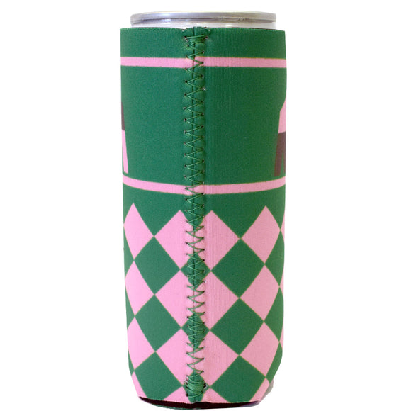 Derby Silk in Green and Pink Slim Koozie