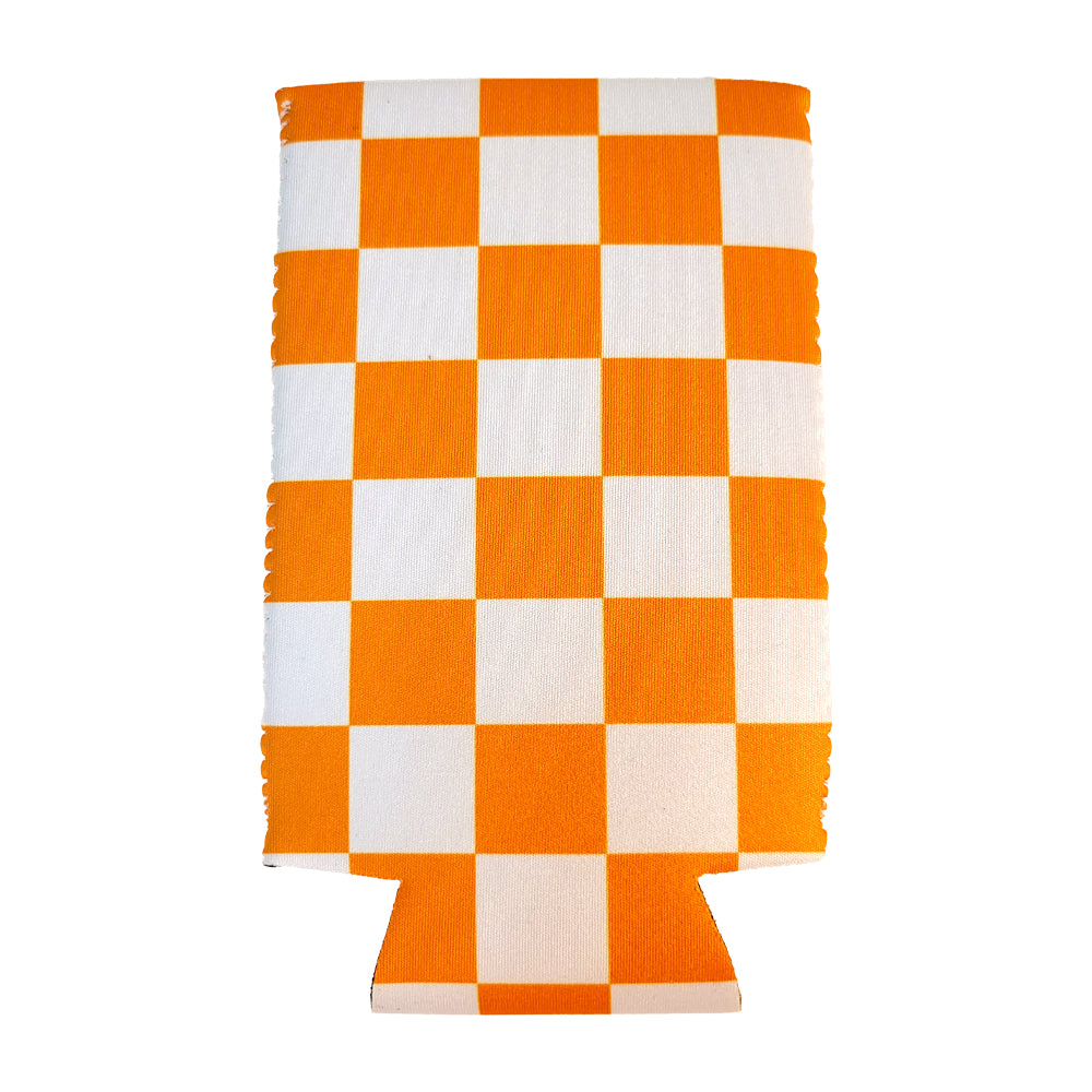 Orange and White Checkerboard Shapes Slim Koozie