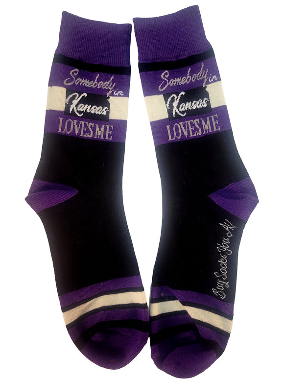 Somebody in Kansas Loves Me in Purple and Black Mens Socks