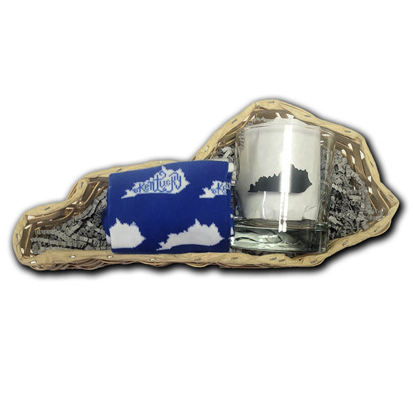Blue and White Kentucky Sock with Kentucky Rocks Glass Gift Basket