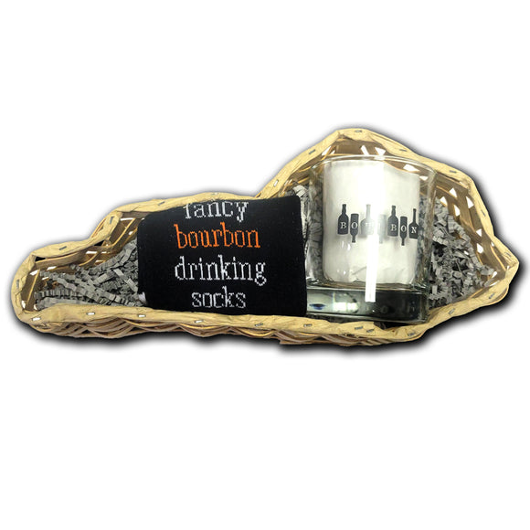 Fancy Bourbon Drinking Sock with Bourbon on Bottles Rocks Glass Gift Basket