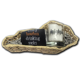 Fancy Bourbon Drinking Sock with Bourbon on Bottles Rocks Glass Gift Basket
