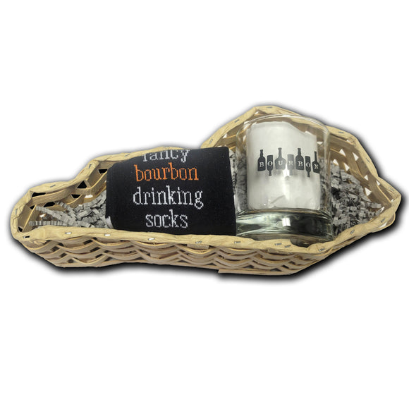 Fancy Bourbon Drinking Sock with Bourbon on Bottles Rocks Glass Gift Basket