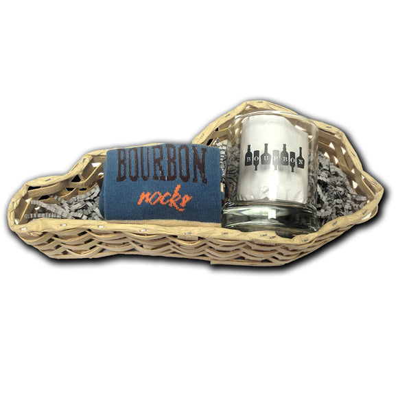 Bourbon Rocks Sock with Bourbon on Bottles Rocks Glass Gift Basket
