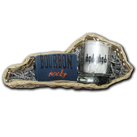 Bourbon Rocks Sock with Bourbon on Bottles Rocks Glass Gift Basket