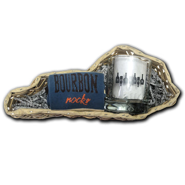 Bourbon Rocks Sock with Bourbon on Bottles Rocks Glass Gift Basket