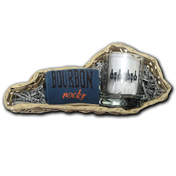 Bourbon Rocks Sock with Bourbon on Bottles Rocks Glass Gift Basket