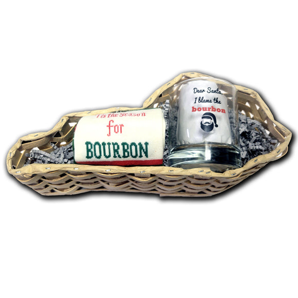 Tis the Season Sock with I Blame the Bourbon Rocks Glass Gift Basket