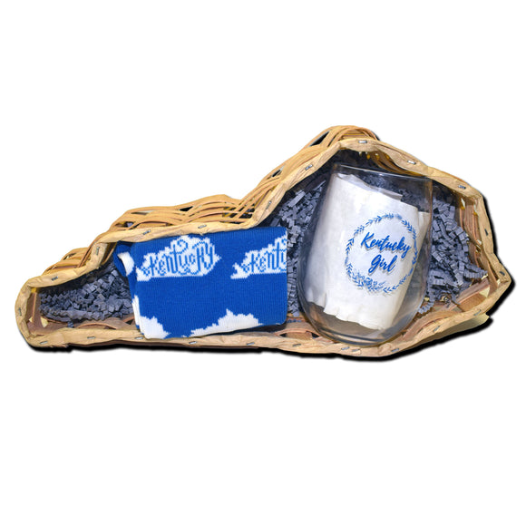 Women's Blue and White Kentucky Shape Sock with Kentucky Girl Wine Glass Gift Basket