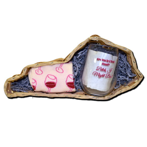 Women's Wine Socks and Are You In a Bad Mood Wine Glass Gift Basket