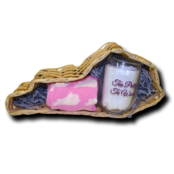 Women's Pink Kentucky Shape Socks with Too Pretty to Work Wine Glass Gift Basket