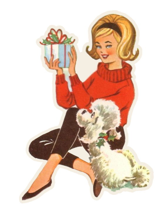 Retro Lady with Gift and Dog Wooden Ornament