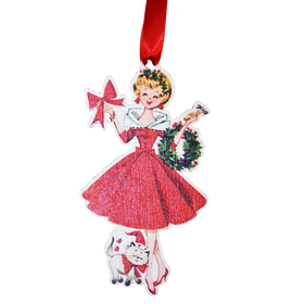 Vintage Christmas Lady with Cat Ornament
