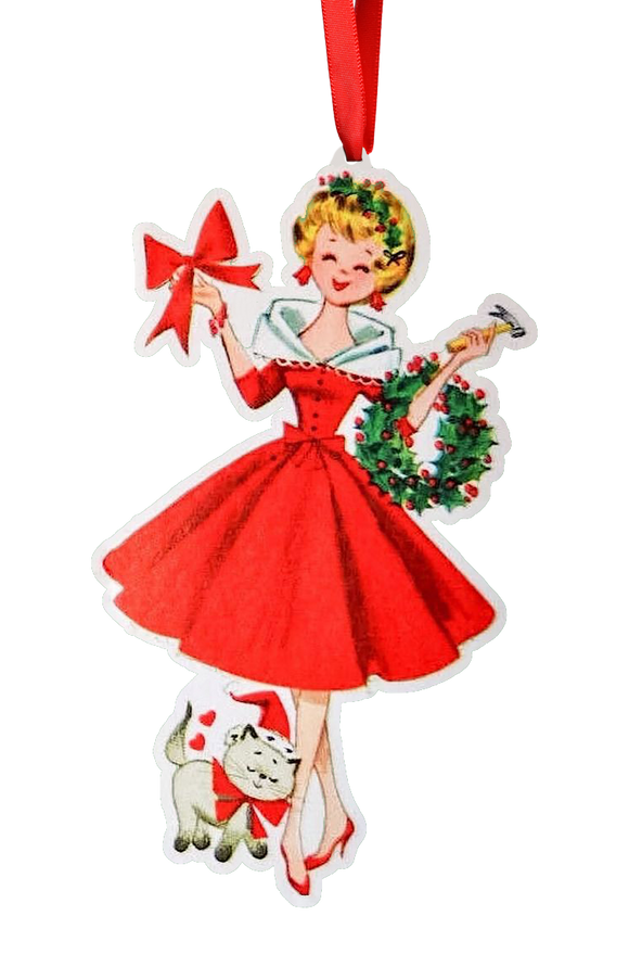 Vintage Christmas Lady with Cat Ornament