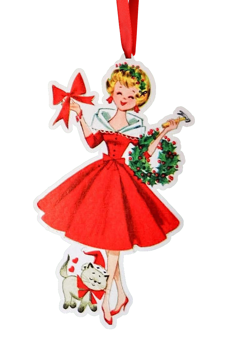 Vintage Christmas Lady with Cat Ornament