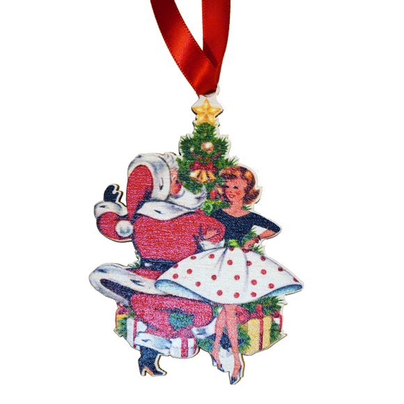 Woman Dancing with Santa Wooden Ornament