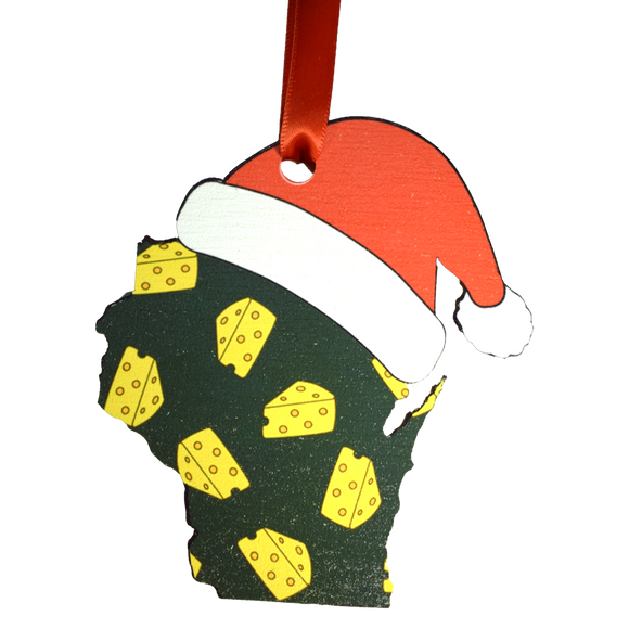 Wisconsin Cheese Pattern with Santa Hat Ornament