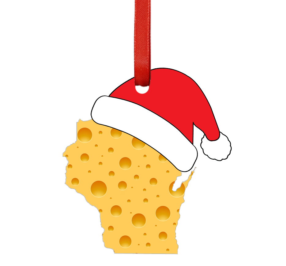 Wisconsin Cheese Wooden Magnet with Santa Hat Ornament