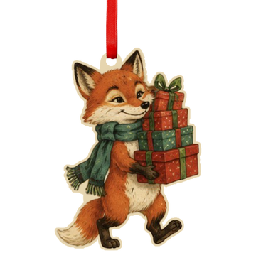 Holiday Fox with Presents Wooden Ornament