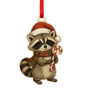 Raccoon with Santa Hat Wooden Ornament