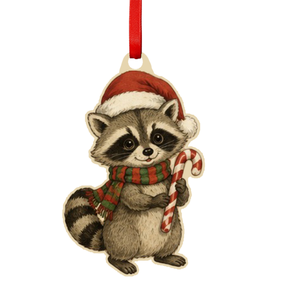 Raccoon with Santa Hat Wooden Ornament