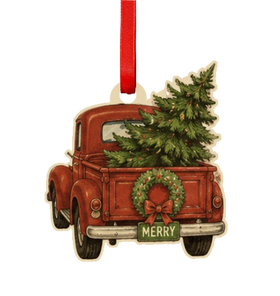 Vintage Truck with Christmas Tree Wooden Ornament