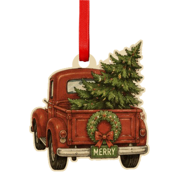 Vintage Truck with Christmas Tree Wooden Ornament