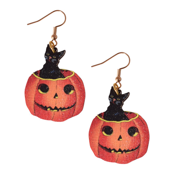 Cat in Pumpkin Halloween Earrings