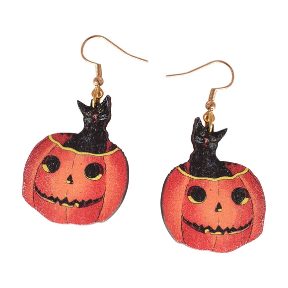 Cat in Pumpkin Halloween Earrings
