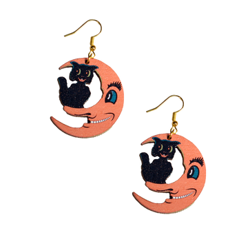 Creepy Moon and Cat Earrings