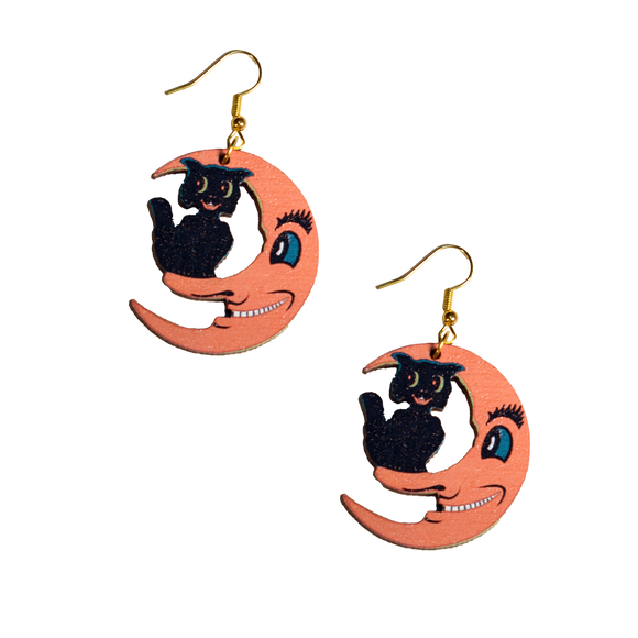 Creepy Moon and Cat Earrings