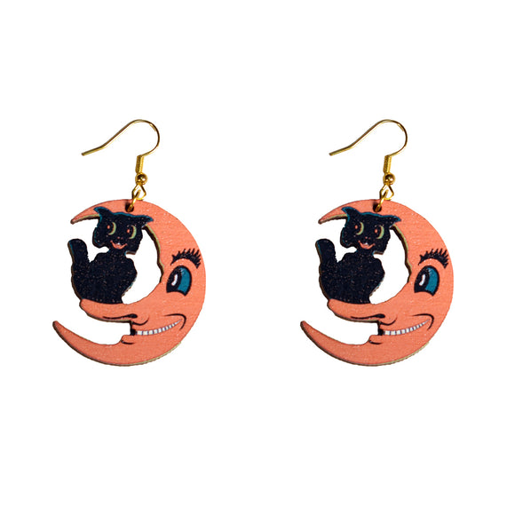 Creepy Moon and Cat Earrings