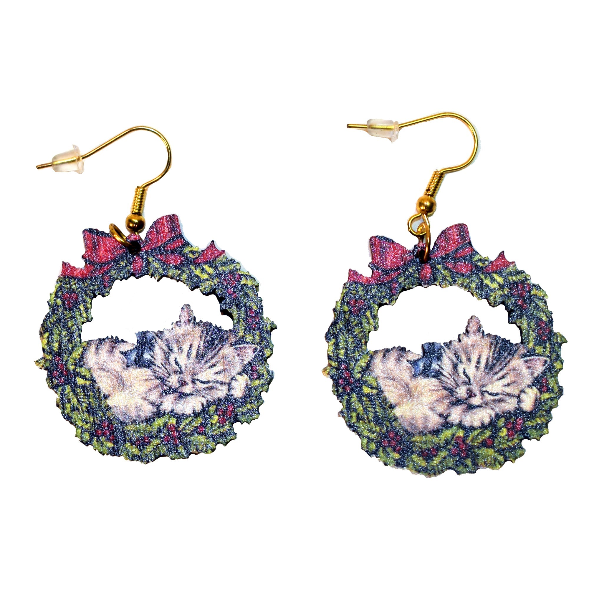 Vintage Cat in Wreath Earrings