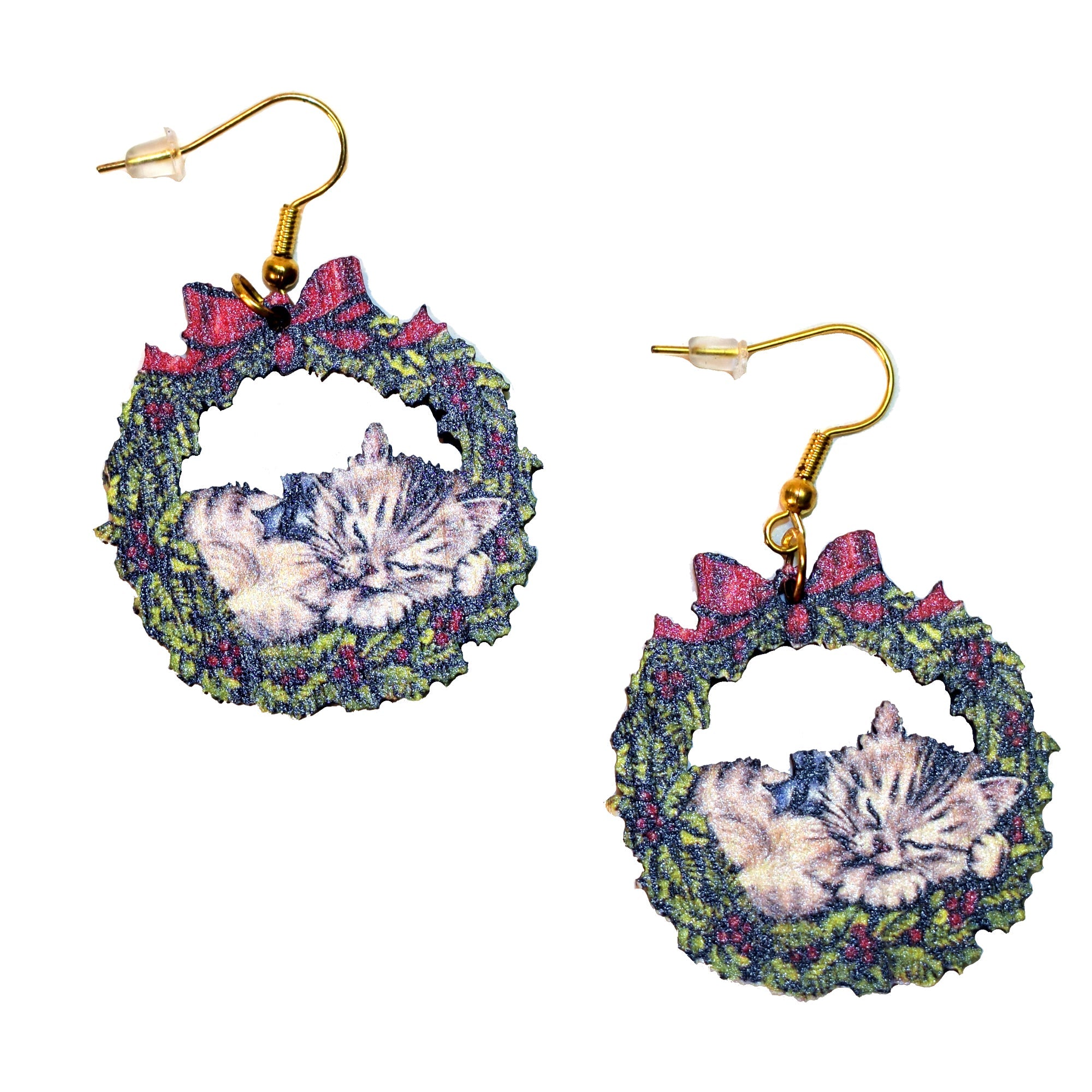 Vintage Cat in Wreath Earrings