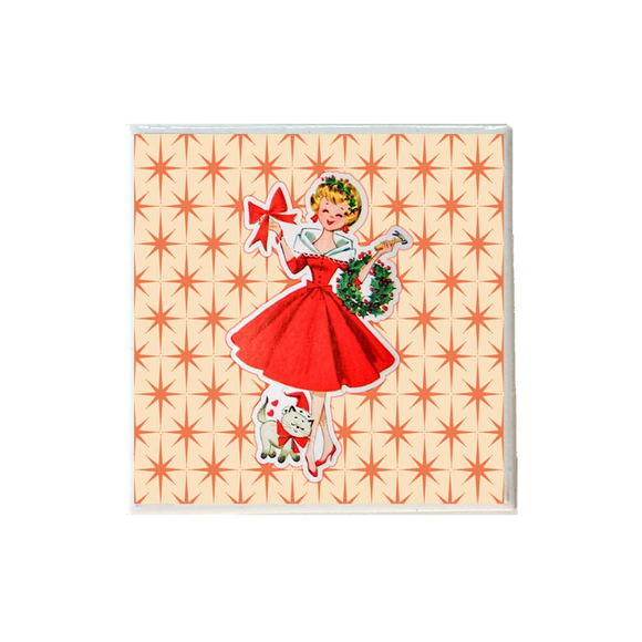 Christmas Lady with Cat Coaster