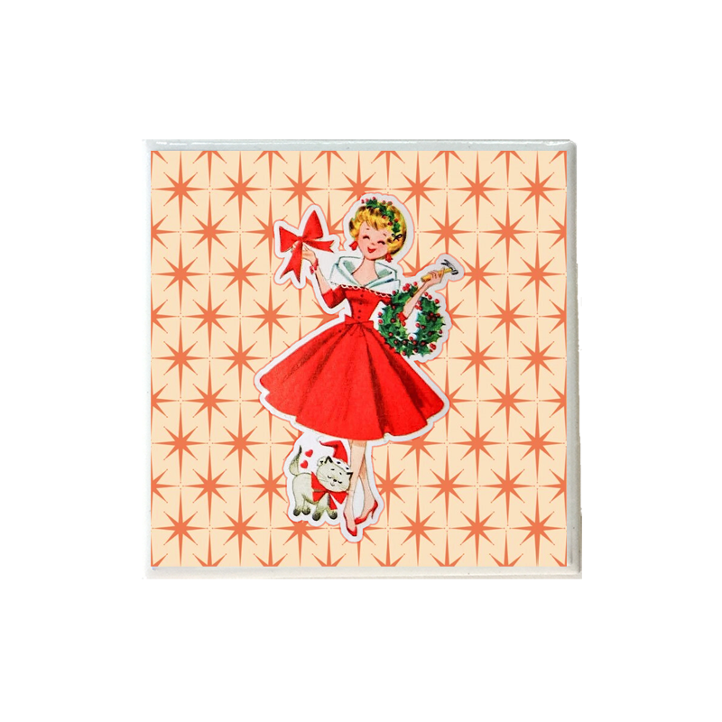 Christmas Lady with Cat Coaster
