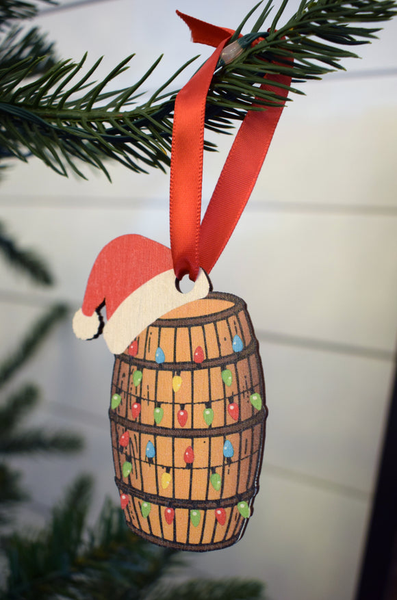 Bourbon Barrel with Lights and Santa Hat Ornament