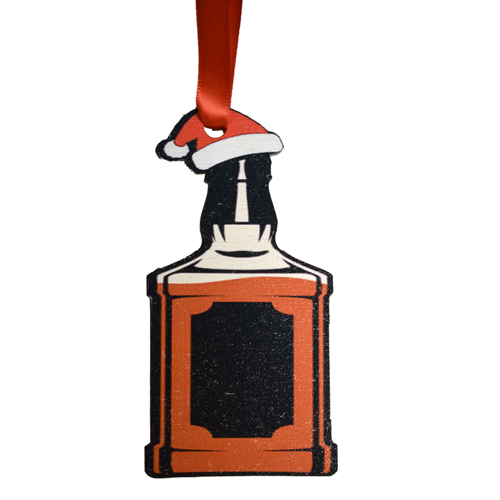 Bourbon Bottle with Christmas Hat Wooden Ornament