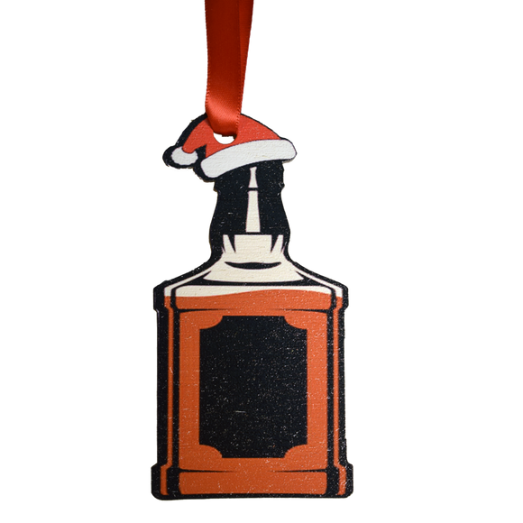 Bourbon Bottle with Christmas Hat Wooden Ornament
