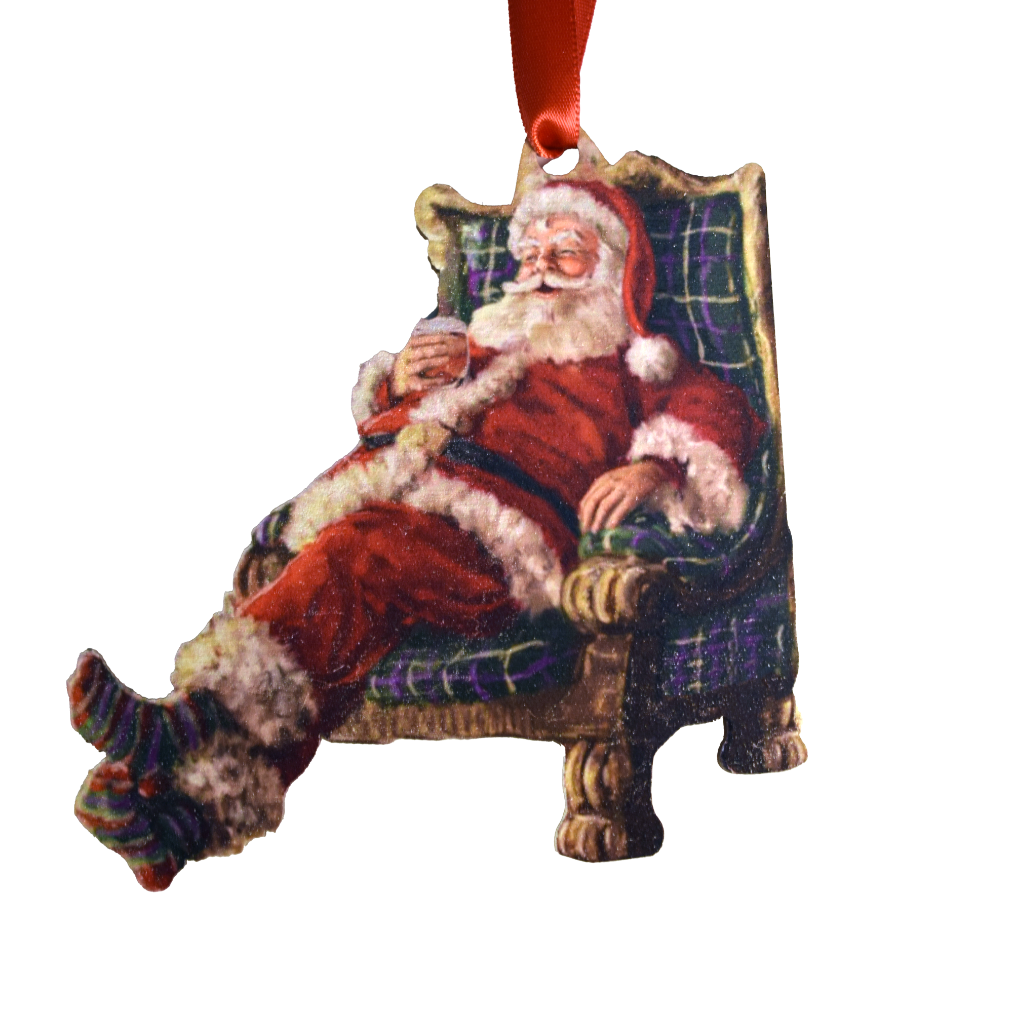 Santa Drinking Bourbon in Chair Wooden Ornament