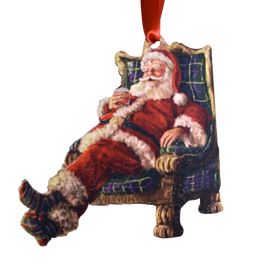 Santa Drinking Bourbon in Chair Wooden Ornament