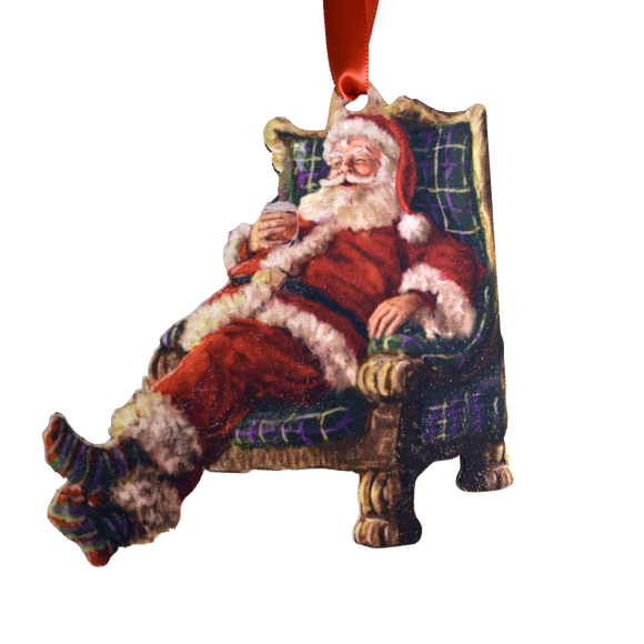 Santa Drinking Bourbon in Chair Wooden Ornament