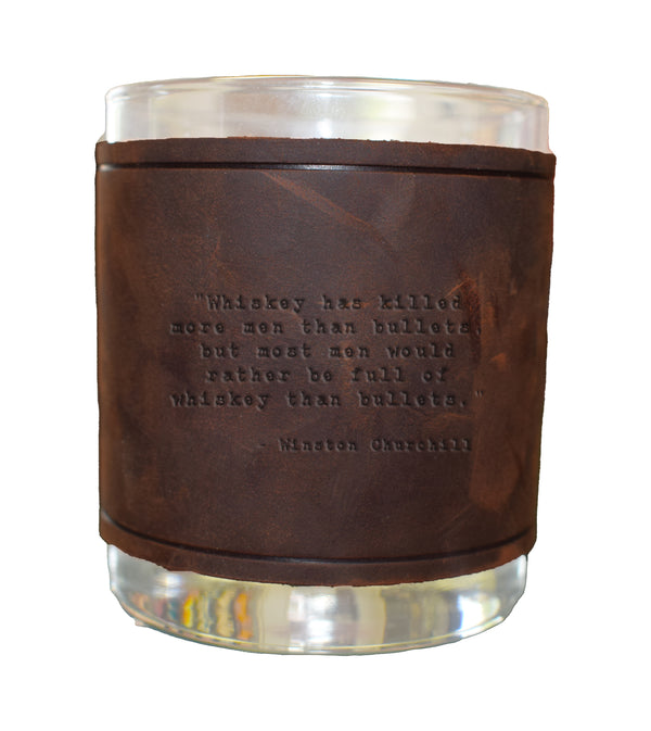 Winston Churchill Quote Rocks Glass with Leather Sleeve