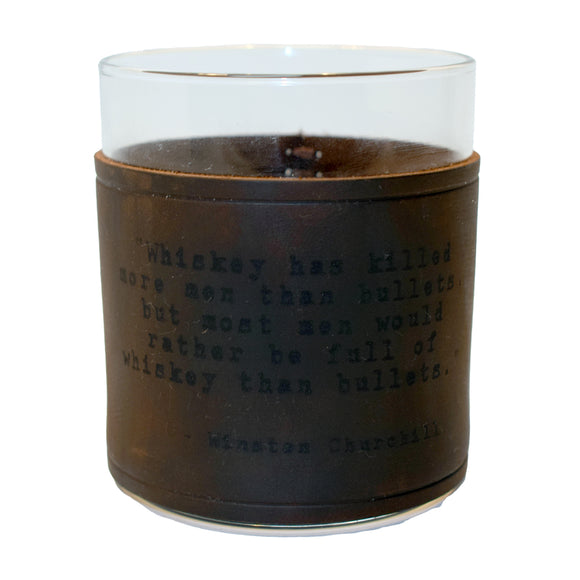 Winston Churchill Quote Rocks Glass with Leather Sleeve