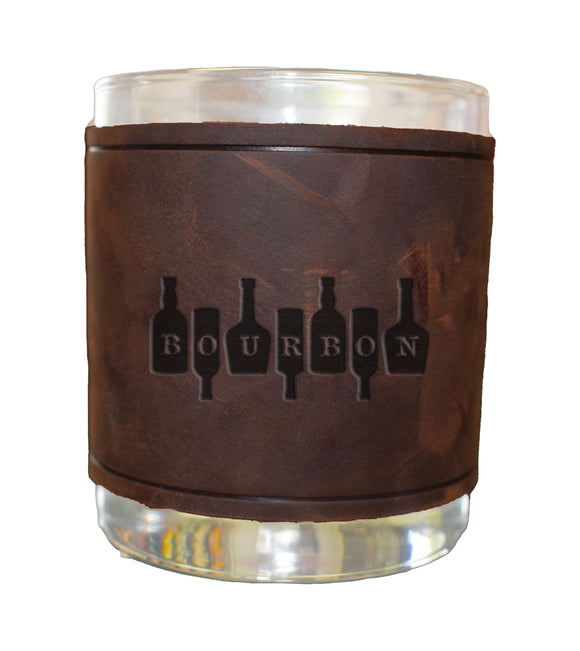 Bourbon on Bottles Rocks Glass with Leather Sleeve