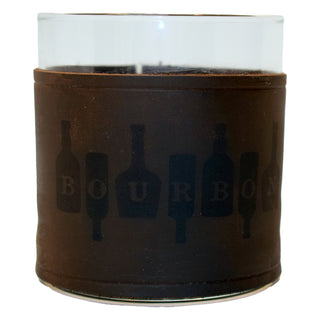 Bourbon on Bottles Rocks Glass with Leather Sleeve