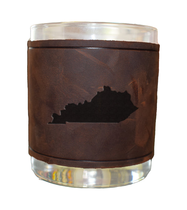 Kentucky Shape Rocks Glass with Leather Sleeve