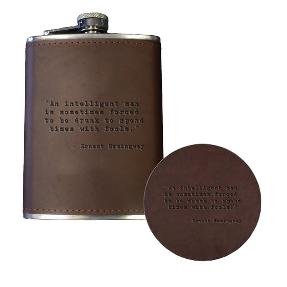 Famous Person's Quotes Leather Flask and Coaster Gift Basket