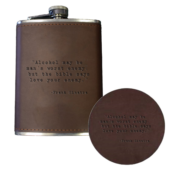 Famous Person's Quotes Leather Flask and Coaster Gift Basket
